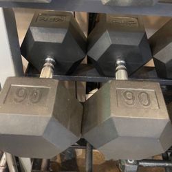 PAIR  OF  95 LB.  RUBBER HEX  REP FITNESS  DUMBBELLS  • RUBBER : 90s 80s 70s 60s 50s 45s 40s 35s 30s 25s 15s 10s  5s   ALSO AVAILABLE 
