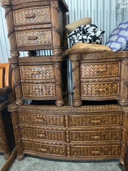 Wicker dresser with mirror and 3 nightstands