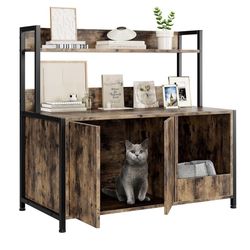Litter Box Enclosure, Cat Litter Box Furniture with Removable Divider, Large Hidden Litter Box Furniture, Wooden Cat House, End Side Table, Rustic Bro