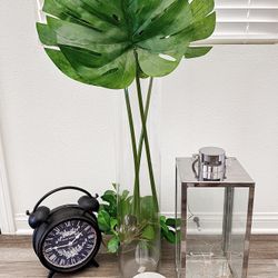 Entire Set of High-End Home Decor (Glass Hurricane Vase, Glass Lantern, Monstera Leaf Decor, Clock, Scented Candles Artificial Plant
