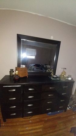 Long dresser, mirror and 2 end tables