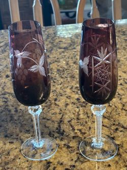 Vintage Bohemian Czech Amethyst Crystal champagne Flutes Cut-To-Clear