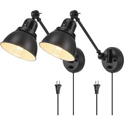 Plug in Wall Sconces Set of 2, Wall Sconce Lighting with Dimmable On Off Switch, Swing Arm Wall Lamp, Black Metal Industrial Wall Light Fixtures, Safe