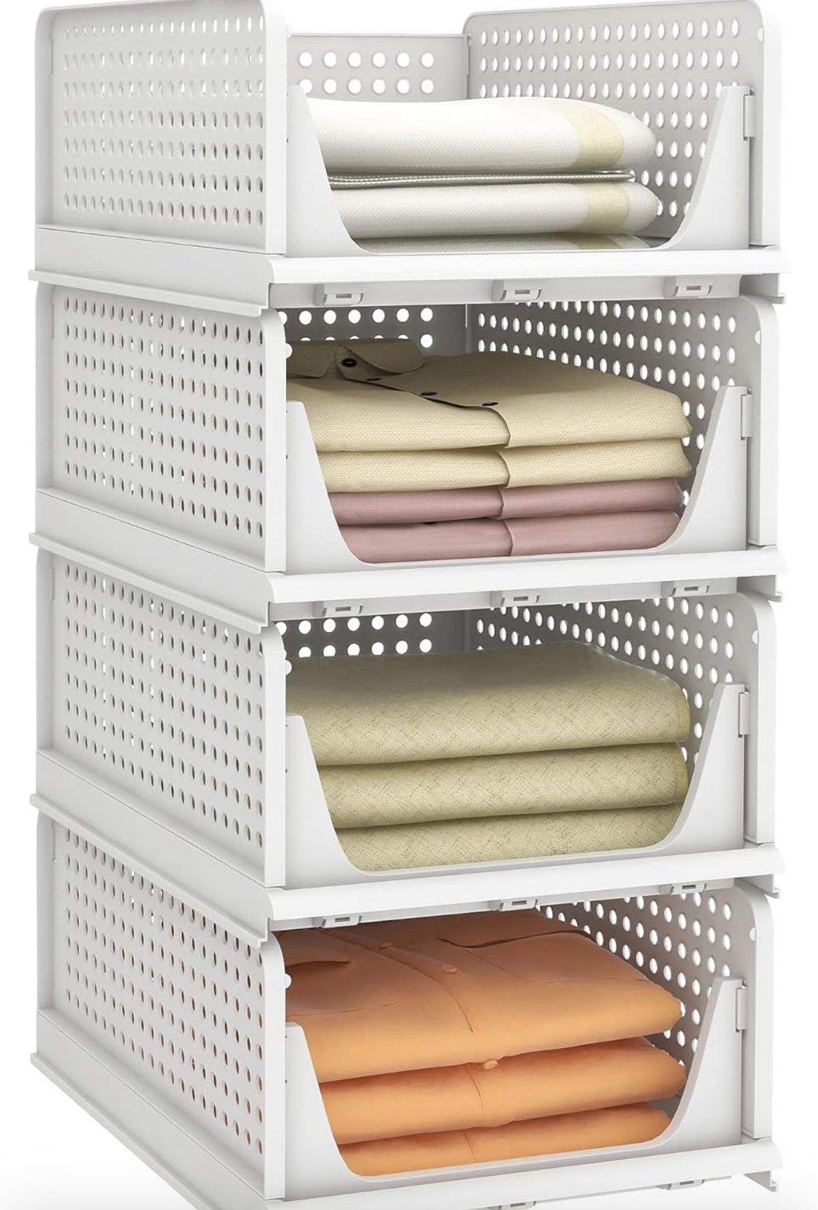 Pinkpum Stackable Plastic Storage Basket, Foldable Closet Organizers and Storage Bins 4 Pack Drawer Shelf Storage Container for Wardrobe Kitchen Bathr