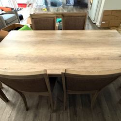 6-Piece Sandstone Dining Table Set – Solid Wood & Fabric Chairs
