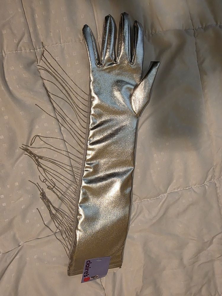 Long Silver Metallic Gloves with Metal Fringe.
