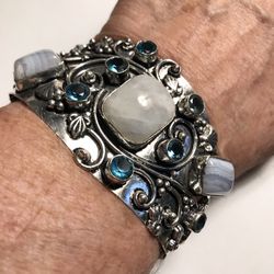Owhyee Opal Blue Topaz Moonstone 925 Sterling Silver Cuff Bracelet 