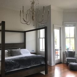 Like New King Size Solid Wood Canopy Bed With Night Stands, Dresser and King Size Matress. 