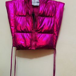 Pink Crop Bubble Vest With Hoodie