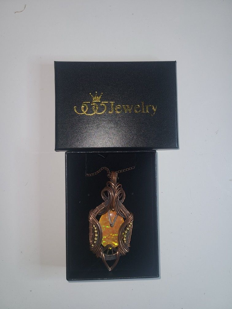 Valentines Deal Pear Petrified Wood Gemstone Wire Wrapped Wife Pendant Copper