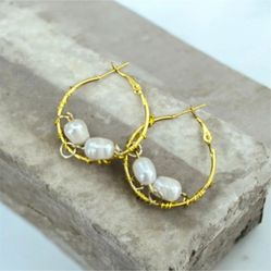 Genuine Pearl Hoop Earrings Wire Wrapped Gold Tone handmade 