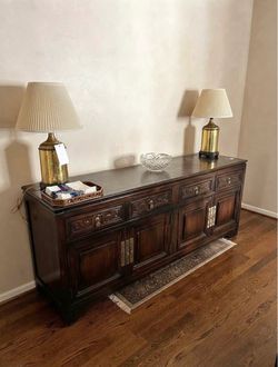 Vintage Oriental Dark Wood Sideboard with Brass Hardware hard to find now