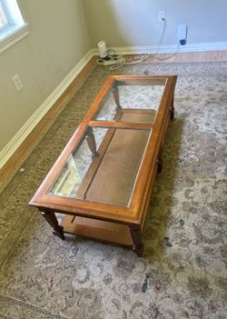 Wood and Glass Coffee Table with Cane Inlay
