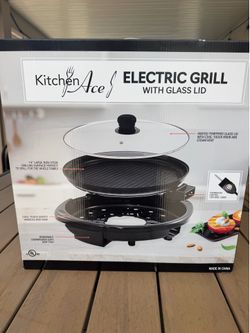 Kitchen Ace 14” Electric Grill with Glass Lid – New in Box