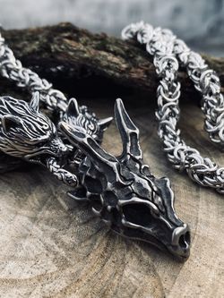 Stainless Steel Mens Viking Wolf Dragon Skull Punk Biker Pendant Necklace 30 inch Chain For Men