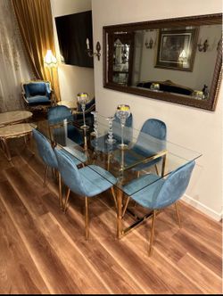 Big Glass Dining Table and 6 BlueVelvet Chairs