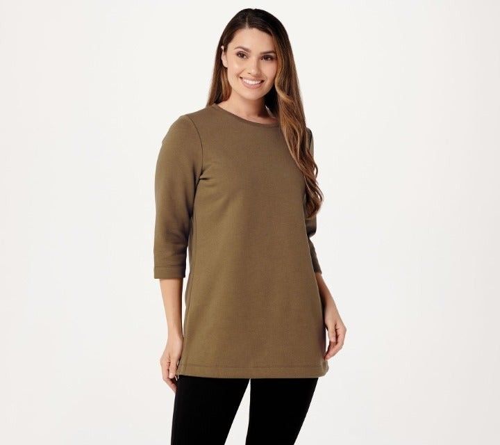 Denim & Co. Active Fleece-Back Jersey Tunic w/ Side Zippers