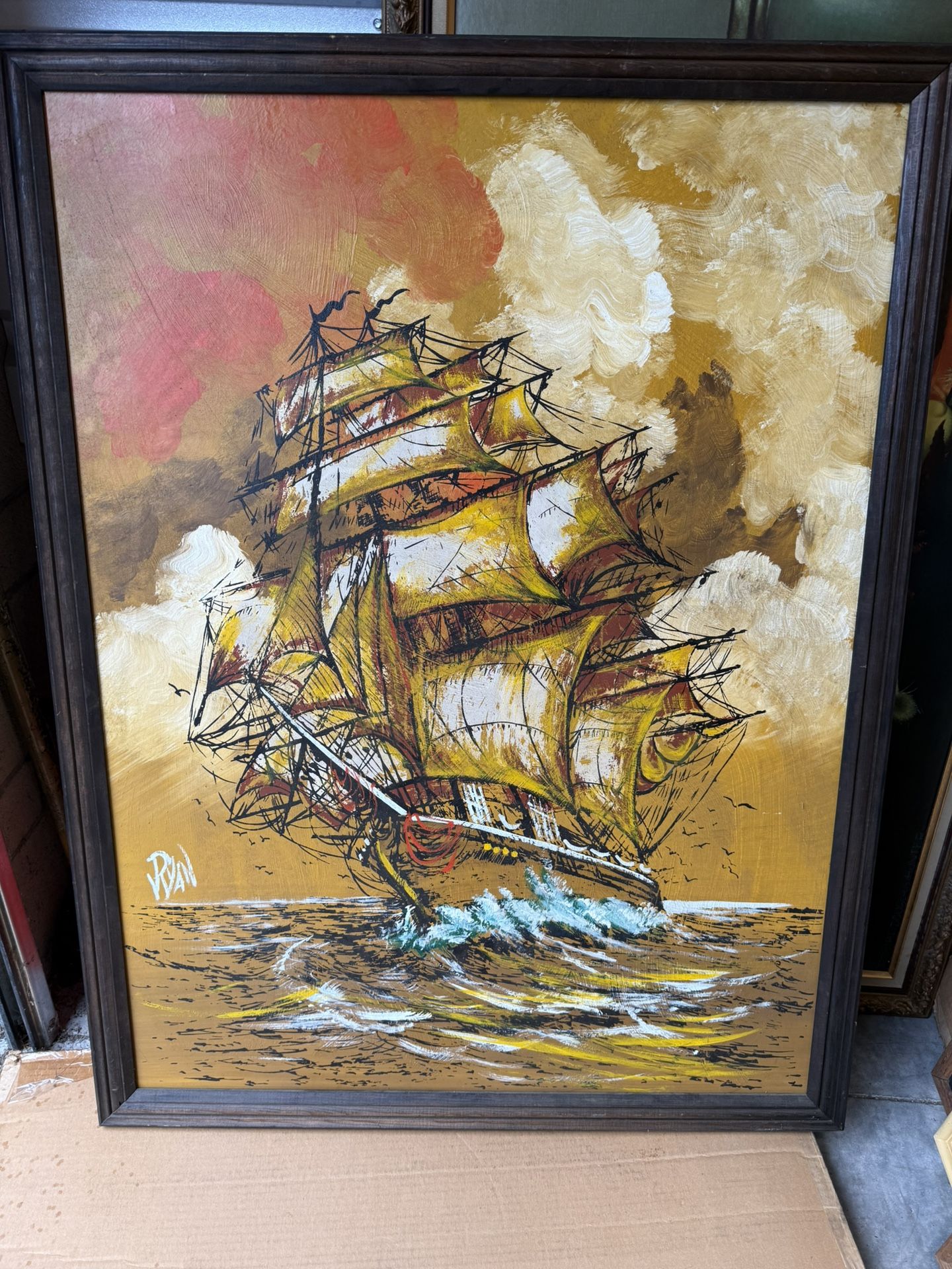 Vintage Ship Painting – 43x33” – Signed Ryan