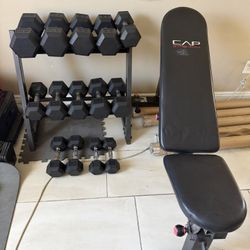 Rubber hex 10-40lbs with rack 370lbs total plus adjustable bench