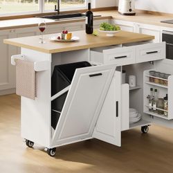 Modern Kitchen Island with Storage - Rolling Island Cart on Wheels with Power Outlet