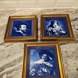 Set of 3 Vintage Delft Tiles Holland Frans Hals Paintings of 17th-c. Dutch Art Wood Framed  Ready To Hung  8.5"×8.5"