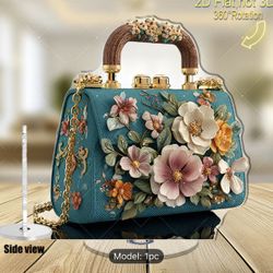 2D Flat, 2D Flat Rotating Acrylic Figurine- Teal Handbag with Floral Design and Golden Accents, 360 ° Rotating Base, No Electricity Required, Suitable