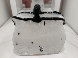 Murano style Hand Blown Art Glass White Purse sculpture And Black Clasp
