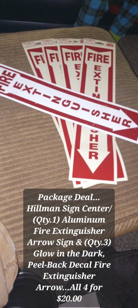 Package Deal/ Hillman Sign Centers Fire Extinguisher Arrow Aluminum Fire Extinguisher Location Sign+ 4 Glow In The Dark Fire Extinguisher Decals
