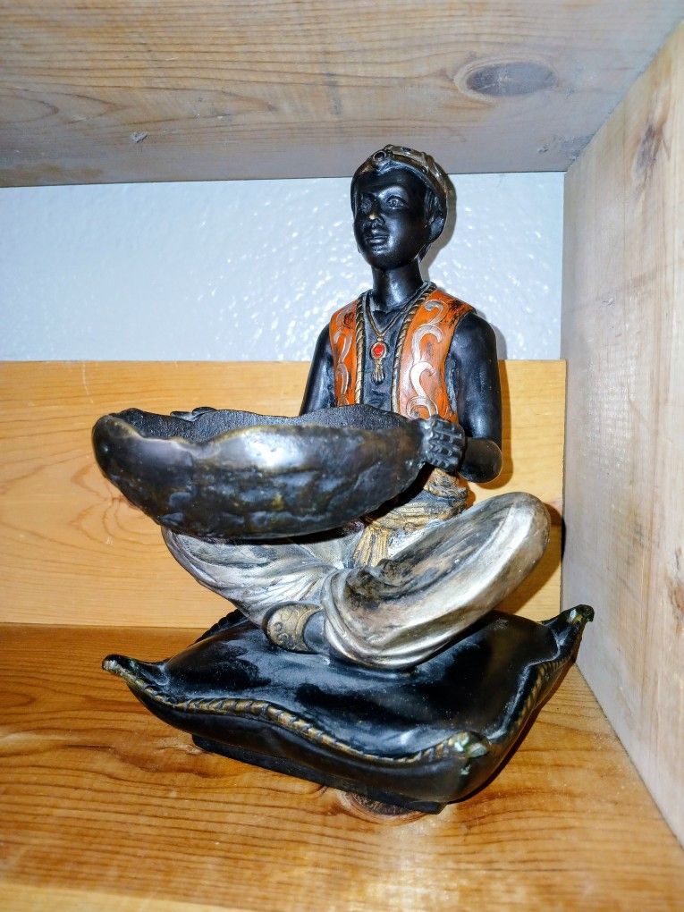 Cold Painted Bronze Of Man Sitting On Cushion Holding Bowl