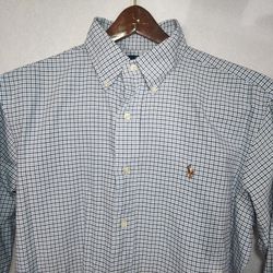 RL Polo Classic Fit Mens Small Checkered Oxford Dress Shirt Plaid Blue White