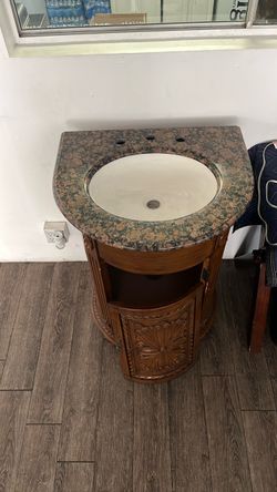 Ornate Wood Bathroom Vanity with Granite Top