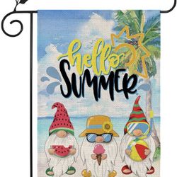 Brand New Hello Summer Garden Flag Gnomes Beach 12×18 Inch Double Sided Vertical Yard Outdoor Decoration CF172-12