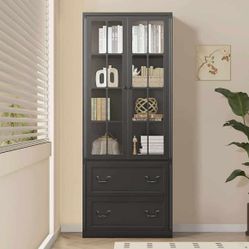 Bookcase with Door, Bookshelf with Glass Doors, Tall Bookcase 4-Shelves 2 Glassy Doors & 2 Drawers, Large Storage Cabinet Tall Bookshelf for Living Ro