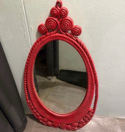 Red Wicker Oval Decorative Wall Mirror