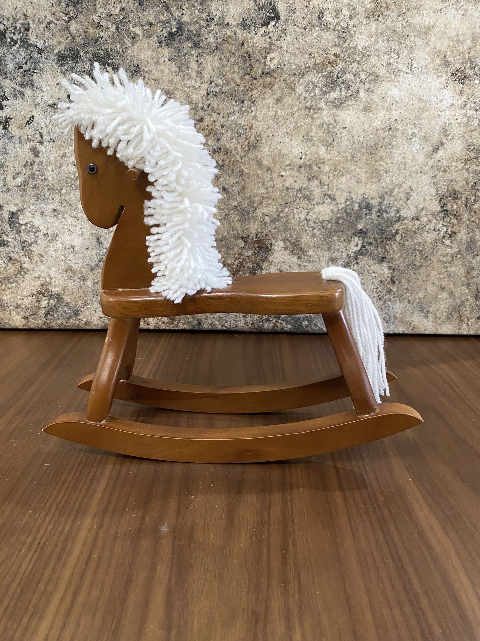 Vintage Doll Wooden Rocking Horse with Yarn Mane and Tail | Miniature Toy | Handcrafted Doll Furniture | Handmade