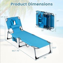 Costway Folding Beach Sun Lounger with Face Hole & Removable Pillows, 4-Position Backrest Blue