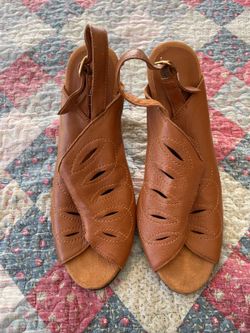 Bellini brown leather slingback peep-toe wedge sandals cut leaf petal ankle stra
