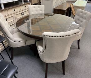 Great Quality Pretty Brown Wood Table and 4 Off White Fabric Chairs with Silver Studs - SAME DAY DELIVERY