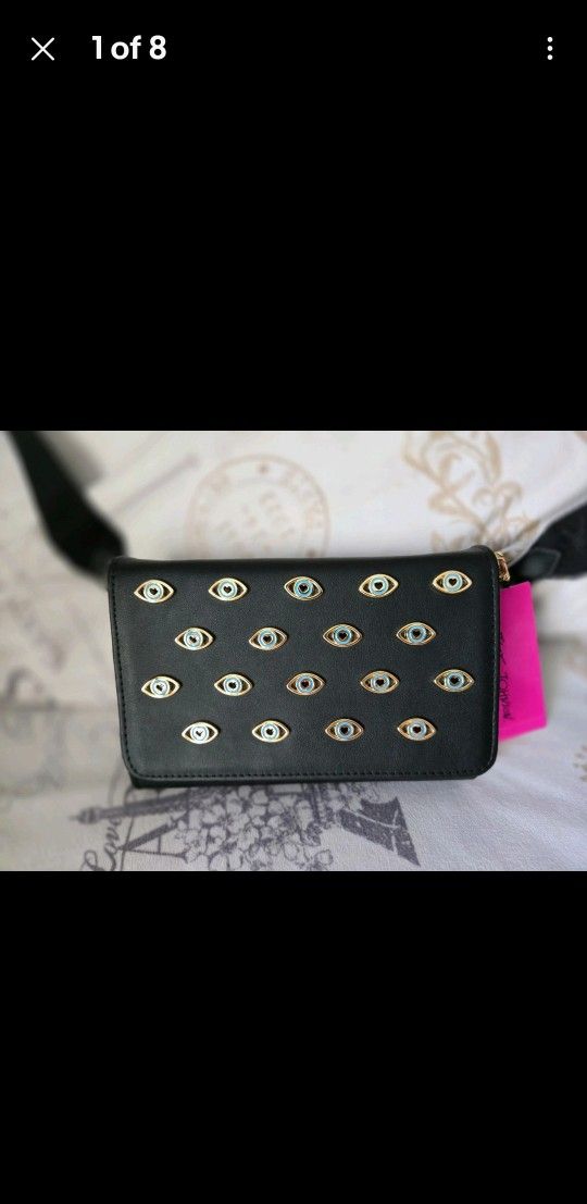 Betsey Johnson Crossbody Bag Purse Evil Eye Studs Black Strap NWT 