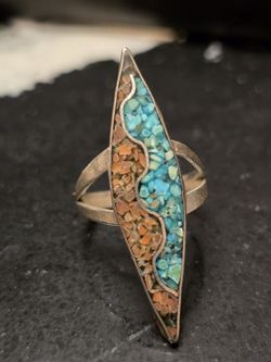 Vintage Navajo Sterling Silver Old Pawn Turquoise And Coral Chip Inlay Ring Size 5