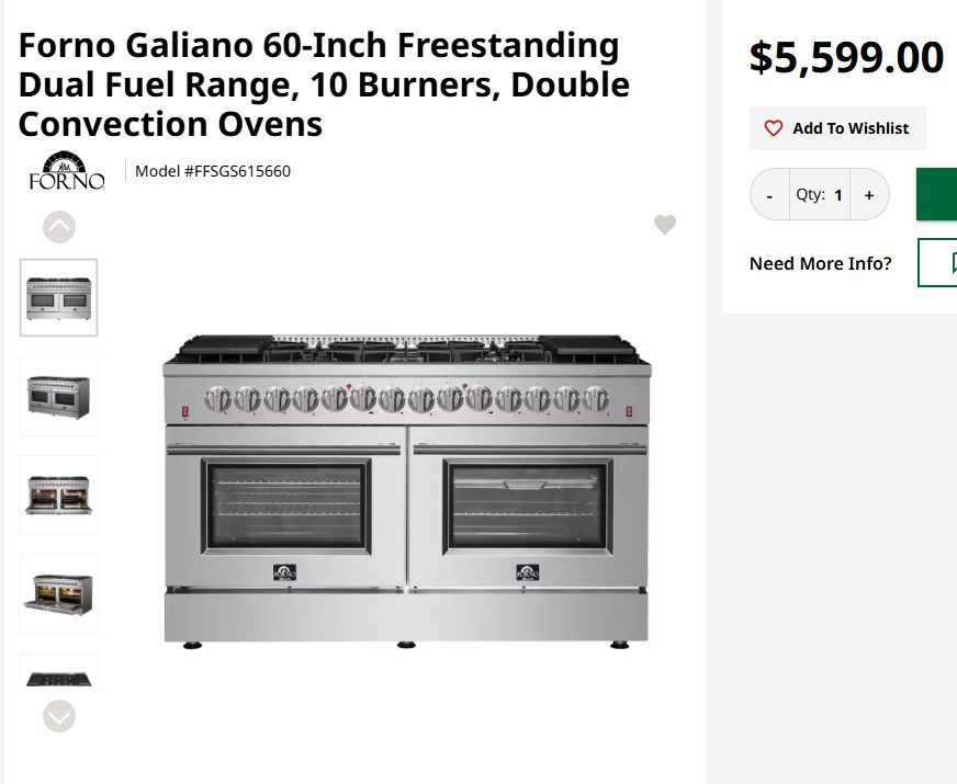 Forno Galiano 60-Inch Freestanding Dual Fuel Range, 10 Burners, Double Convection Ovens