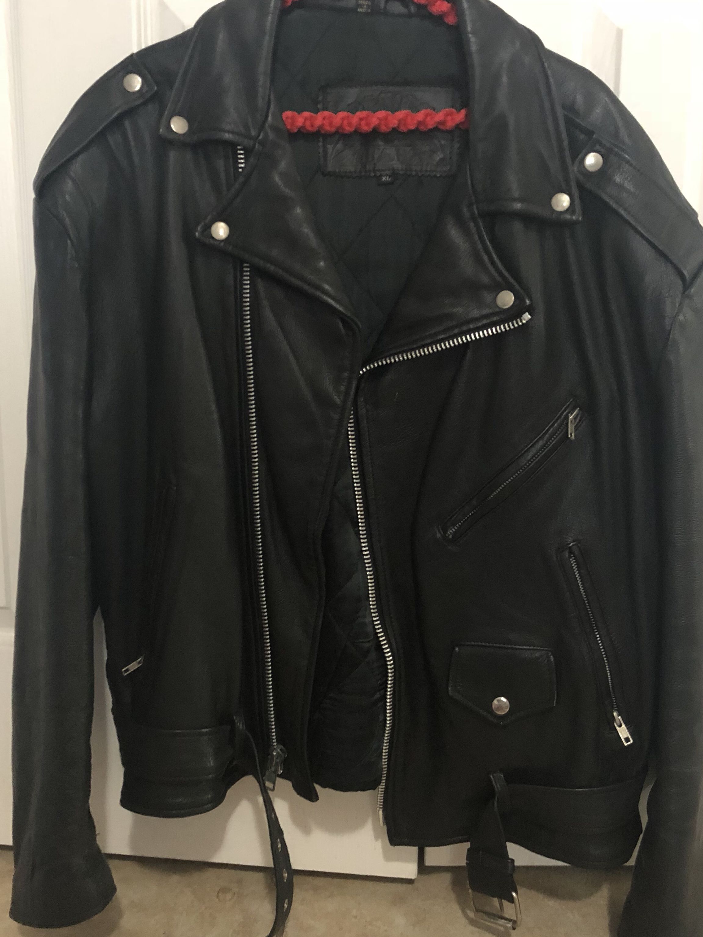 Biker Black Leather Jacket XL