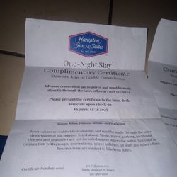 Complimentary  Certificates To Santa Barbara At Hampton Inn And Suites By Hilton