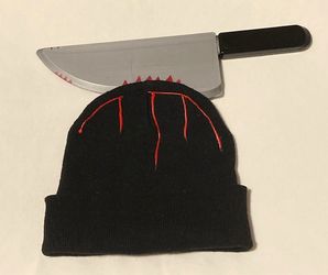 Halloween bloody knife beanie hat knit cap costume accessory prop prank gag