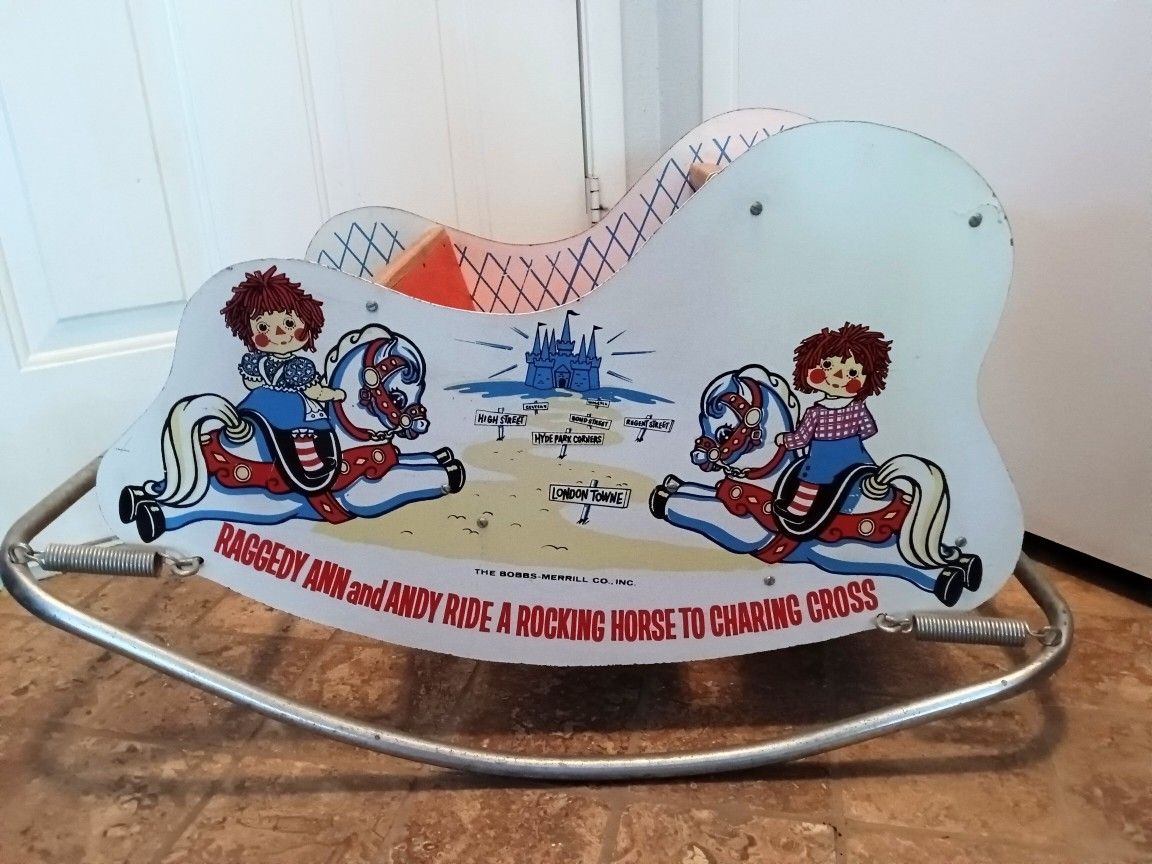 Vintage Raggedy Ann & Andy Rocking Horse Toy Bobbs Merrill Co Inc Rare!