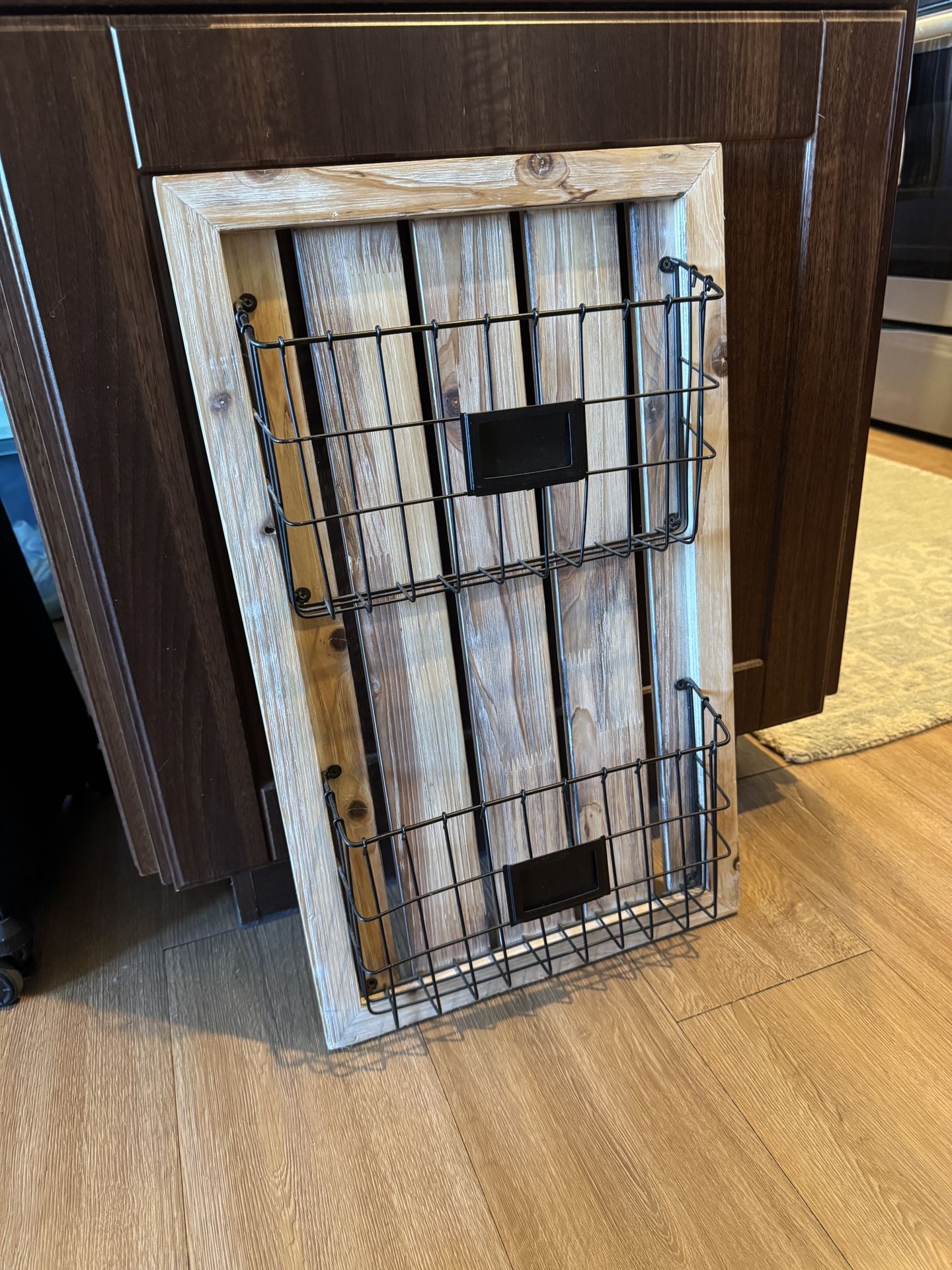 Rustic Wood Wall Organizer with Metal Baskets
