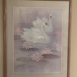 Large Baby Pink Swan and Lotus Flower Framed Painting