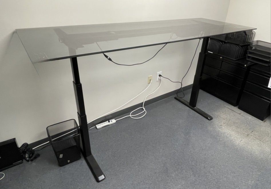 Large Electric Height-Adjustable Standing Desk with Memory, Impact Tinted Glass Top - 90x32 inches
