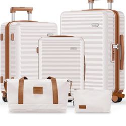 Brand New 5-Piece Hardside Luggage Set – 20/24/28 Inch Spinner Suitcases + Duffel & Toiletry Bag (Beige White)