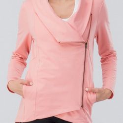 White solid, asymmetric zip-up jacket with pockets on front and hi-lo hem. size S